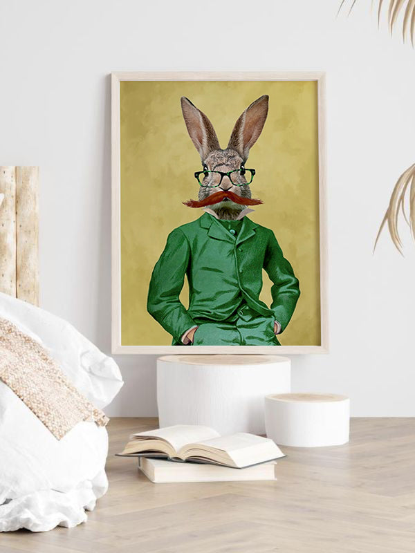 Mustachioed Rabbit Wooden Framed Wall Art