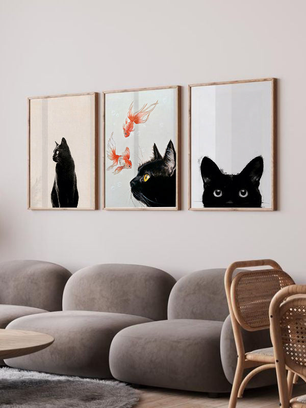 Black Cat Wooden Framed Wall Art Triple Set