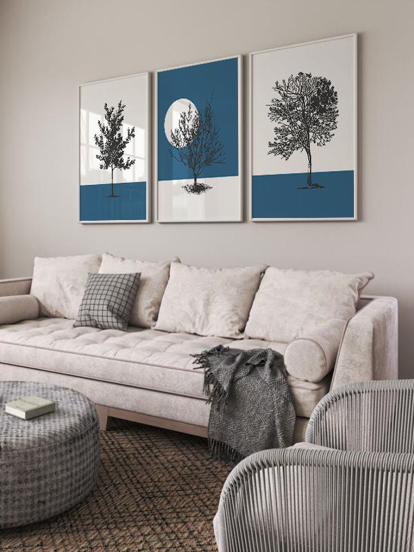 White Moon And Tree Wooden Framed Wall Art Triple Set