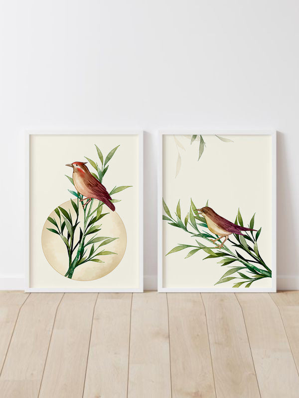 Bird Landed Wooden Framed Wall Art Double Set