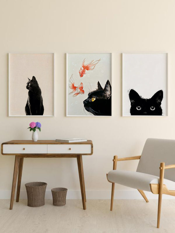 Black Cat Wooden Framed Wall Art Triple Set