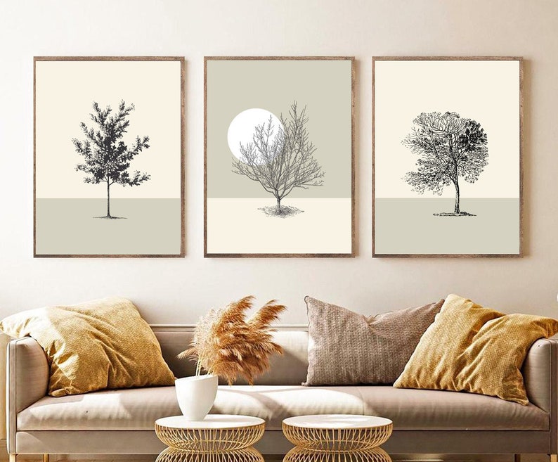 Tree and Moon Wooden Framed Wall Art Triple Set