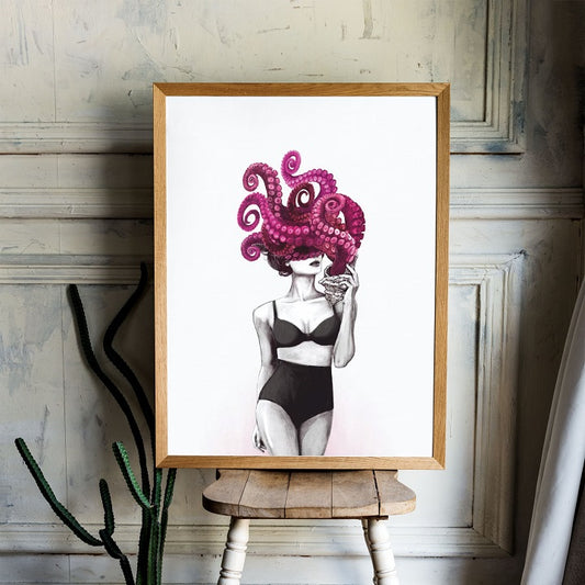 Octopus Woman Wooden Framed Wall Art