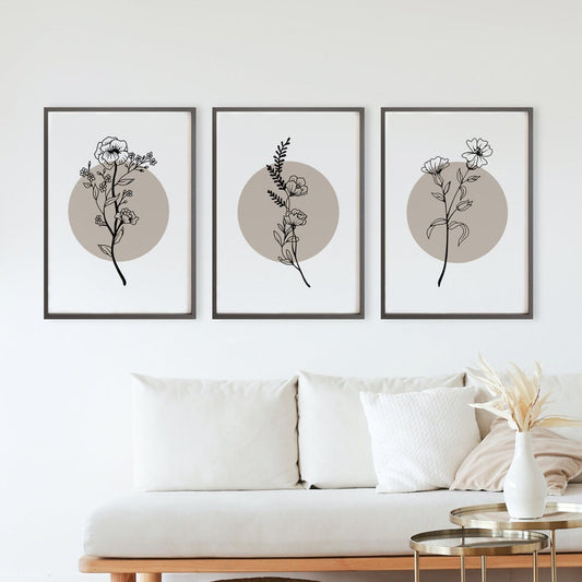 Flower Drawing Wooden Framed Wall Art Triple Set