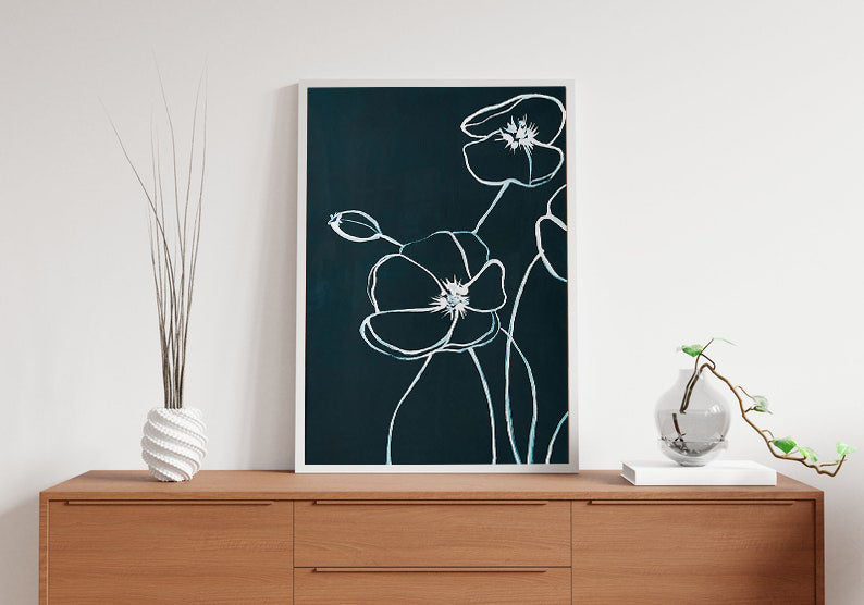 Black Flowers Wooden Framed Wall Art Triple Set