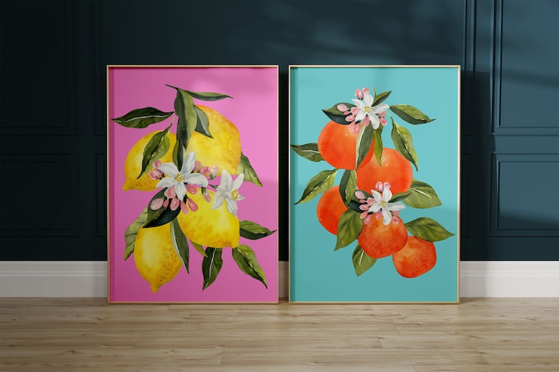 Lemon And Orange Wooden Framed Wall Art Double Set