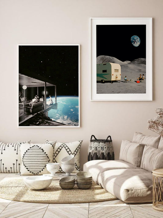 Camping On The Moon Wooden Framed Wall Art Double Set