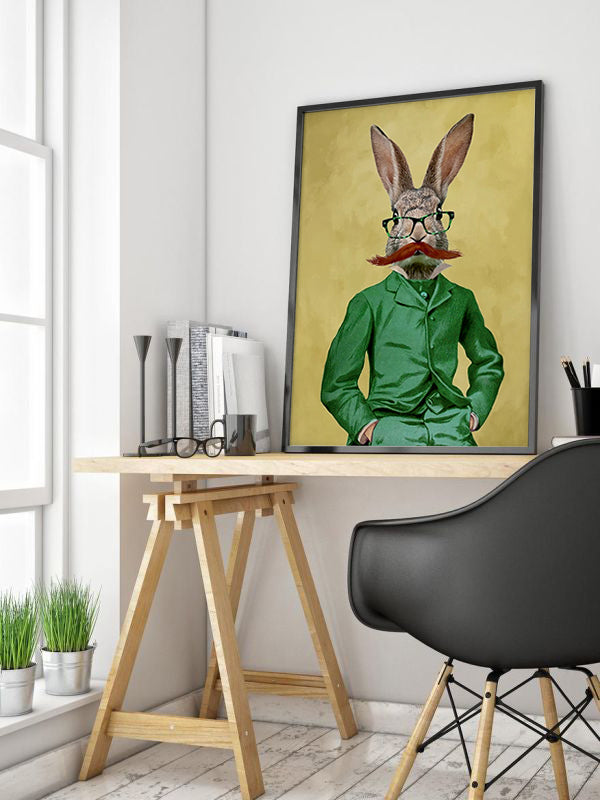 Mustachioed Rabbit Wooden Framed Wall Art