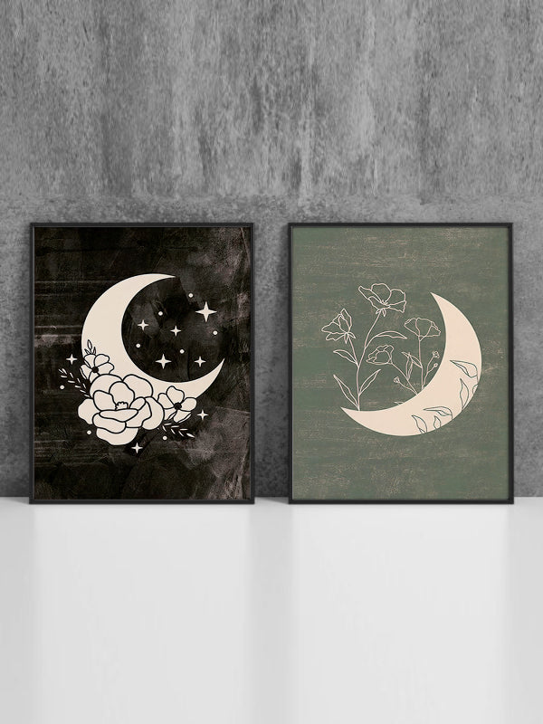 Crescent Moon Wooden Framed Wall Art Double Set