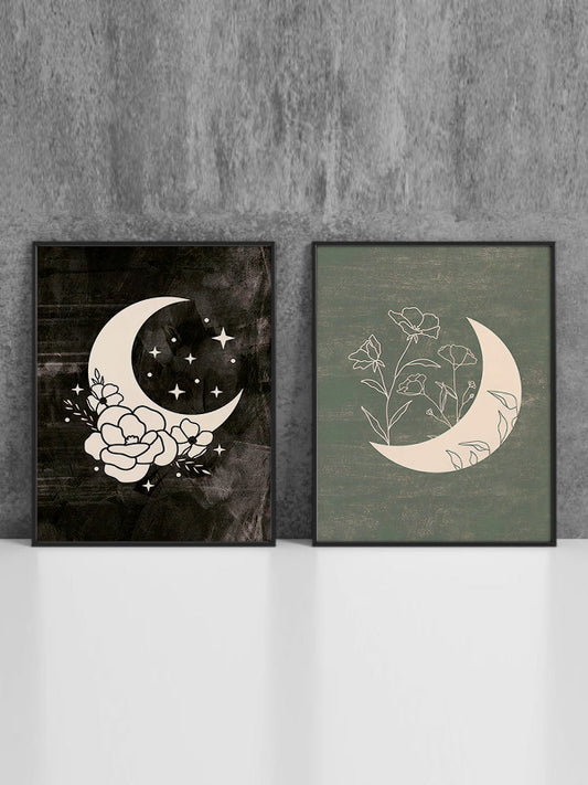 Crescent Moon Wooden Framed Wall Art Double Set