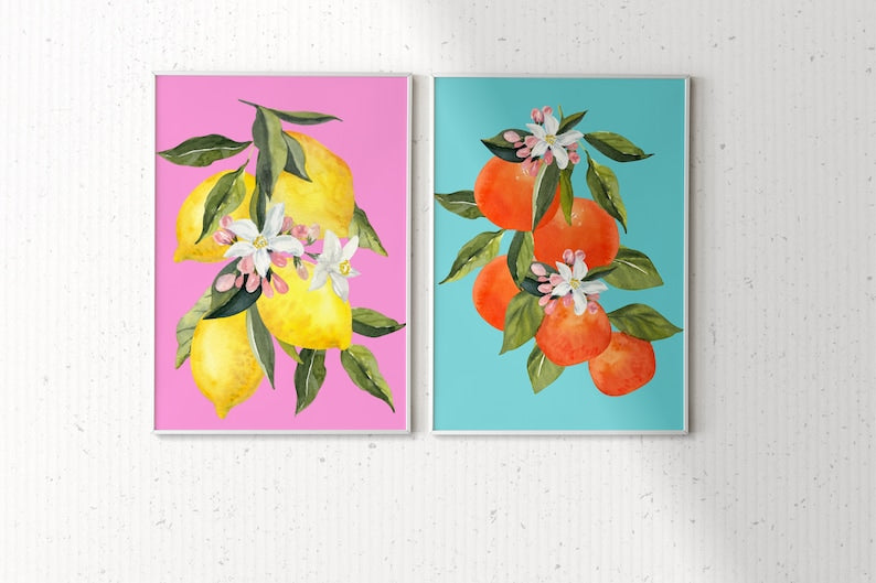 Lemon And Orange Wooden Framed Wall Art Double Set