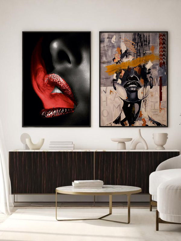 Silence Of Lips Wooden Framed Wall Art Double Set