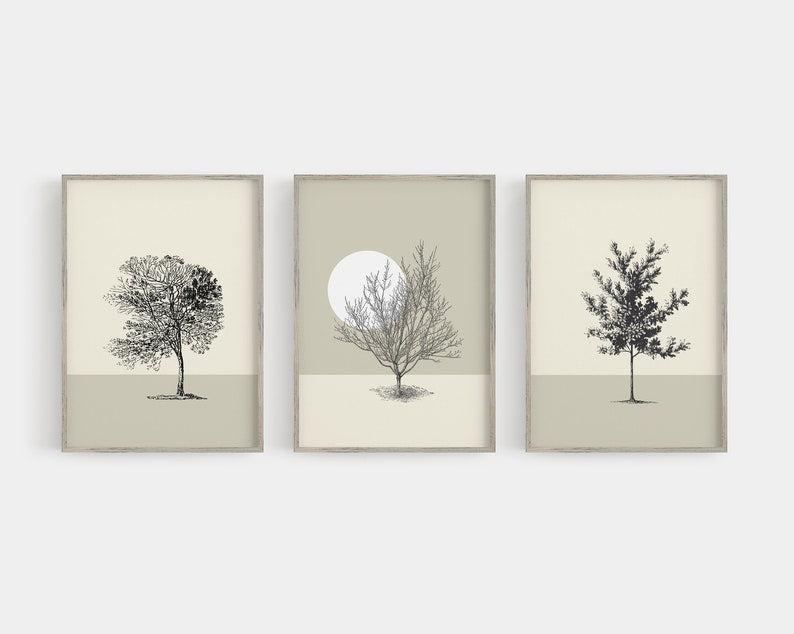 Tree and Moon Wooden Framed Wall Art Triple Set