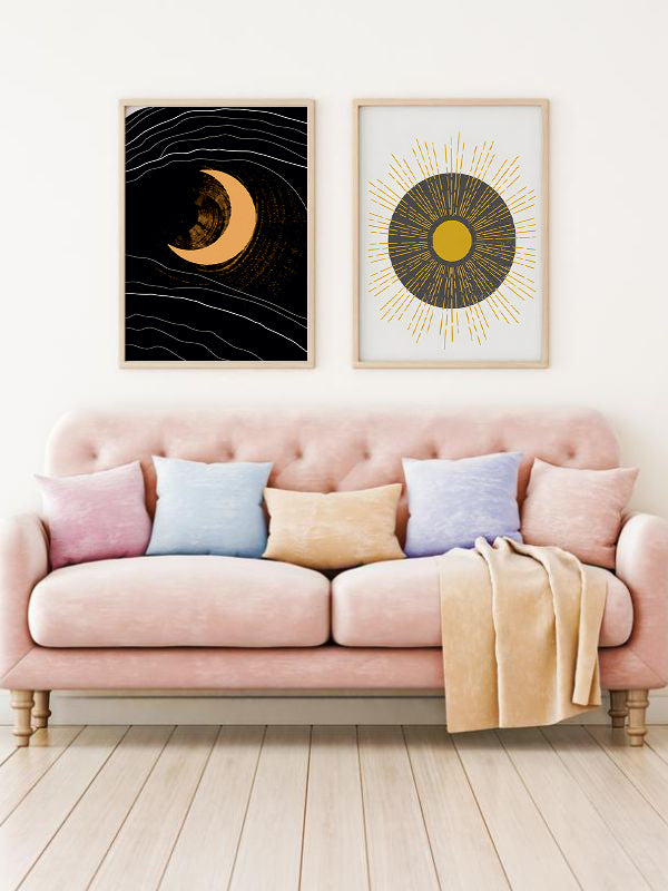 Moon And Sun Wooden Framed Wall Art Double Set