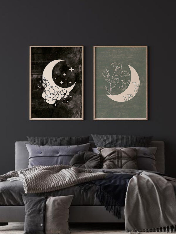 Crescent Moon Wooden Framed Wall Art Double Set