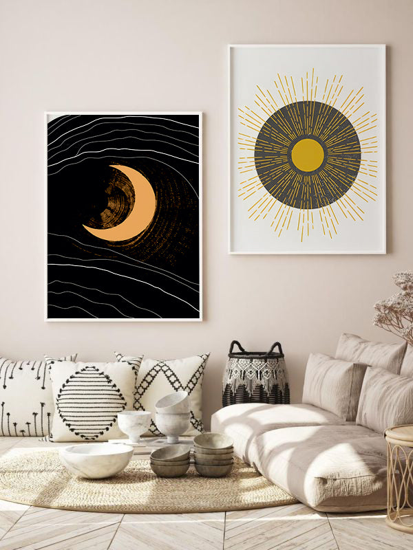 Moon And Sun Wooden Framed Wall Art Double Set