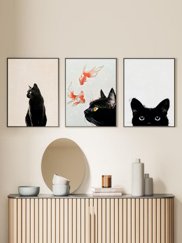 Black Cat Wooden Framed Wall Art Triple Set