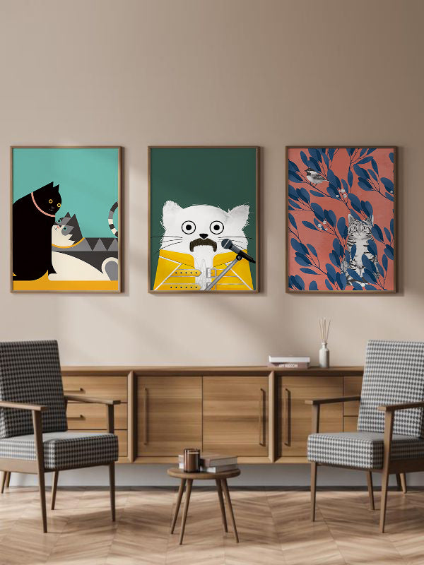 Colorful Cats Wooden Framed Wall Art Triple Set