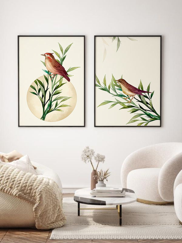 Bird Landed Wooden Framed Wall Art Double Set