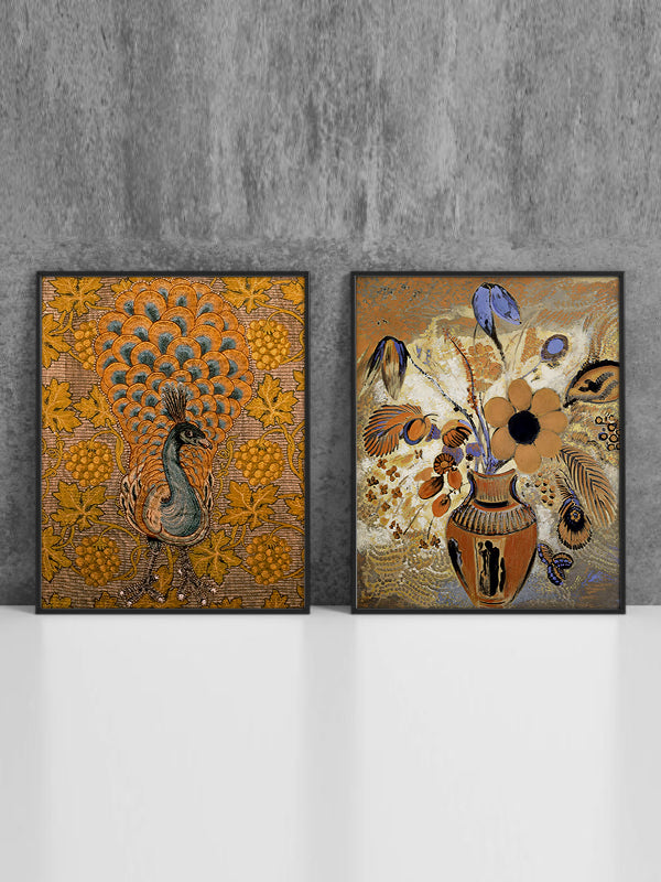 Flowers and Peacock Wooden Framed Wall Art Double Set