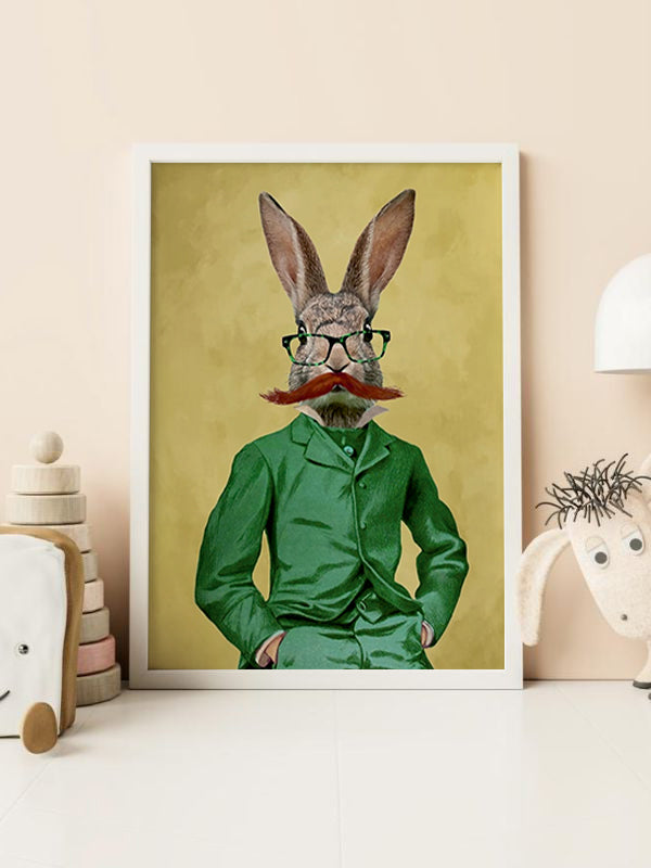 Mustachioed Rabbit Wooden Framed Wall Art