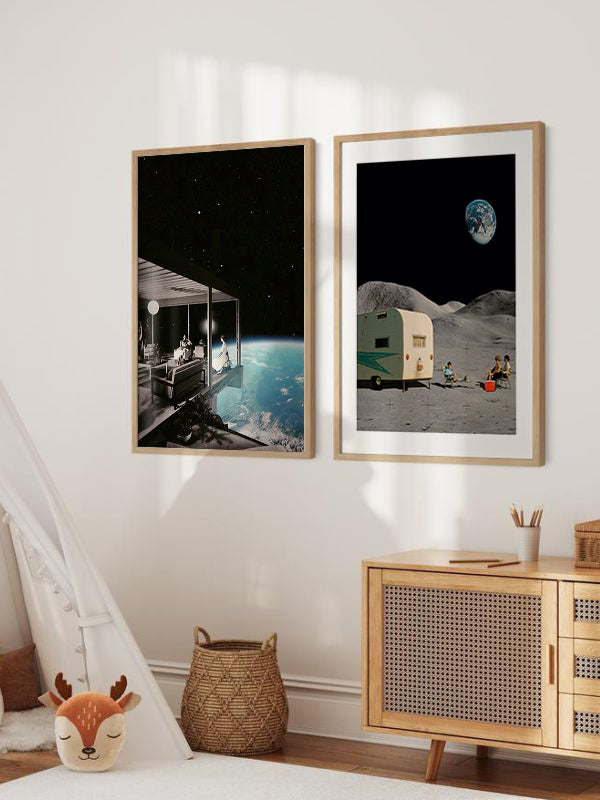 Camping On The Moon Wooden Framed Wall Art Double Set