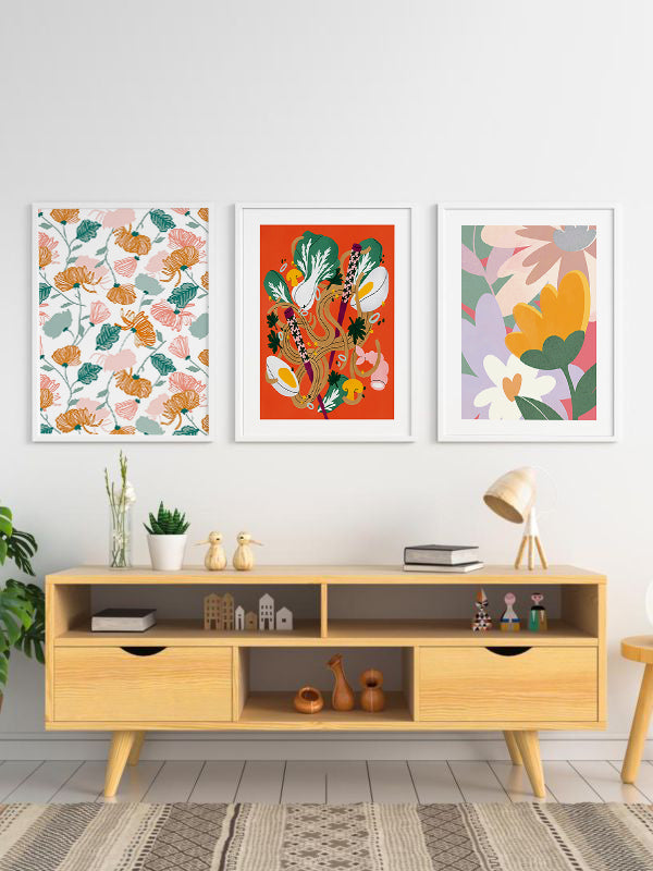 Triple Flowers Wooden Framed Wall Art Triple Set